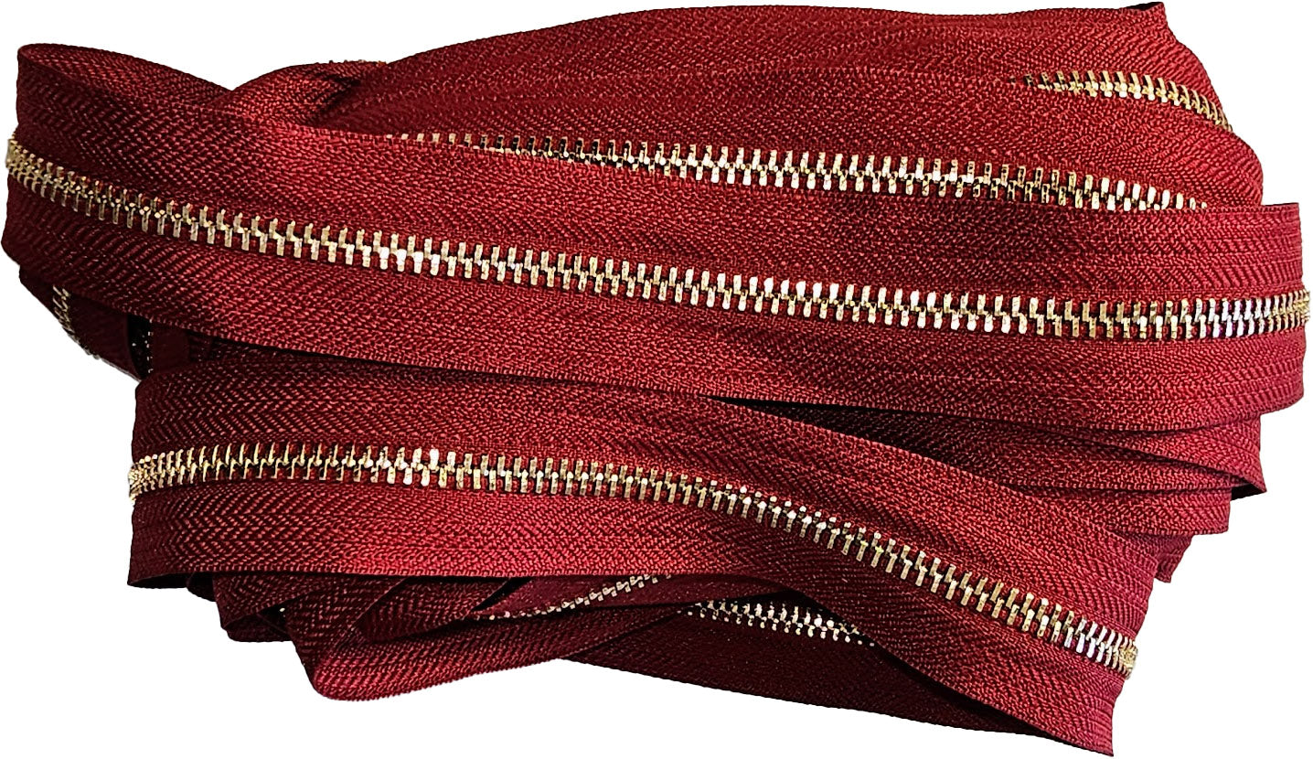 5# Metal teeth (chain) Zipper by the Metre, Brass/Burgundy