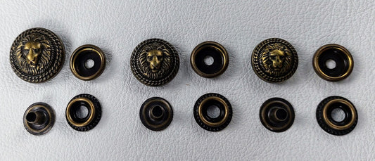 Metal Snap Fasteners - Lion Head - Antique Bronze - 10 Full Sets of Snaps per packet