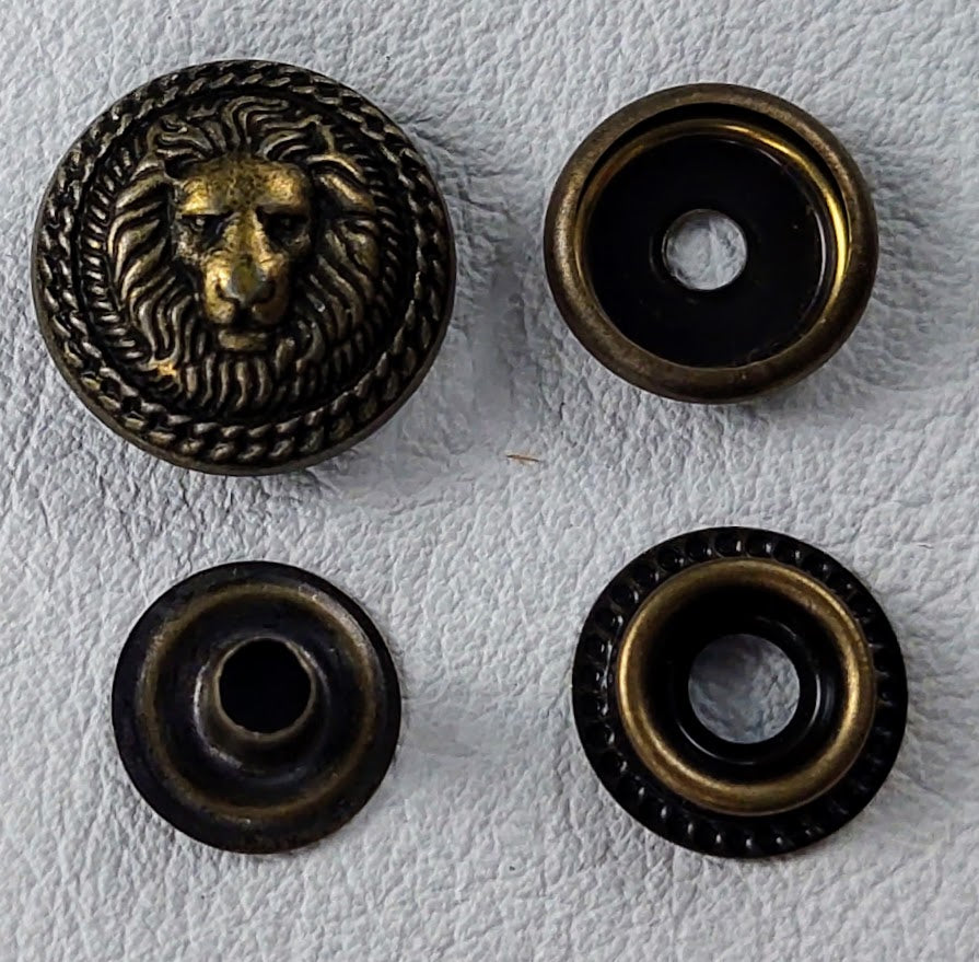 Metal Snap Fasteners - Lion Head - Antique Bronze - 10 Full Sets of Snaps per packet